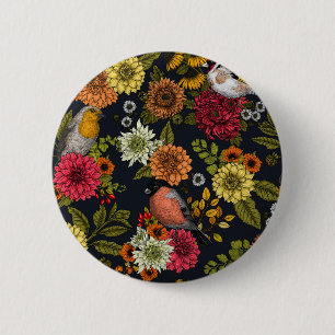 Garden birds and flowers 2 inch round button