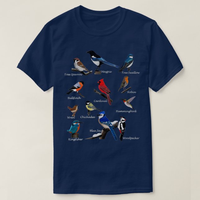 Garden Birds Cardinal Blue Jay Hummingbird Robin W T-Shirt (Design Front)