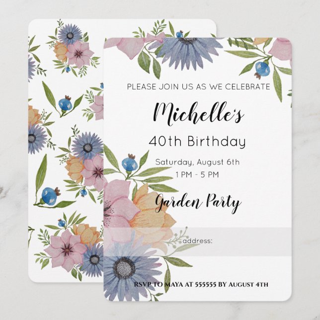 Garden Birthday Party Watercolor Flowers Invitatio Invitation (Front/Back)