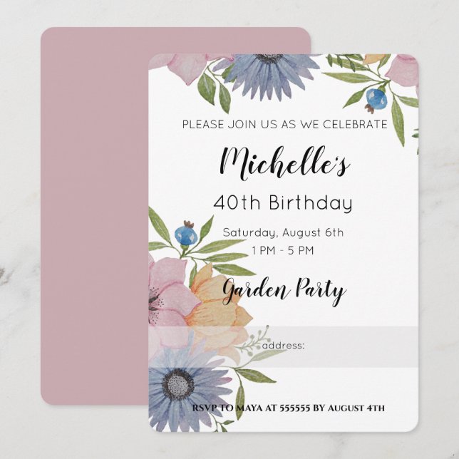 Garden Birthday Party Watercolor Flowers Invitation (Front/Back)