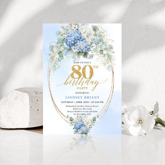 Garden Blue Floral Gold 80th Birthday Invitation (Garden Blue Floral Gold 80th Birthday Invitation)