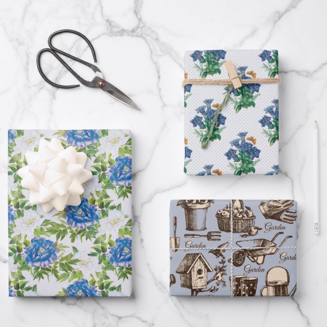 Garden Blue Wrapping Paper Flat Sheet Set of 3 (Front)