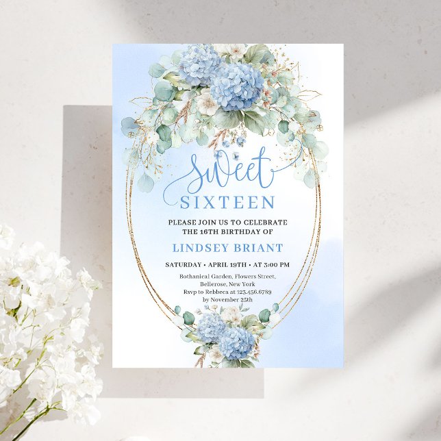 Garden Boho Blue Hydrangeas Sweet Sixteen Invite (Garden Boho Blue Hydrangeas Sweet Sixteen Invitation)