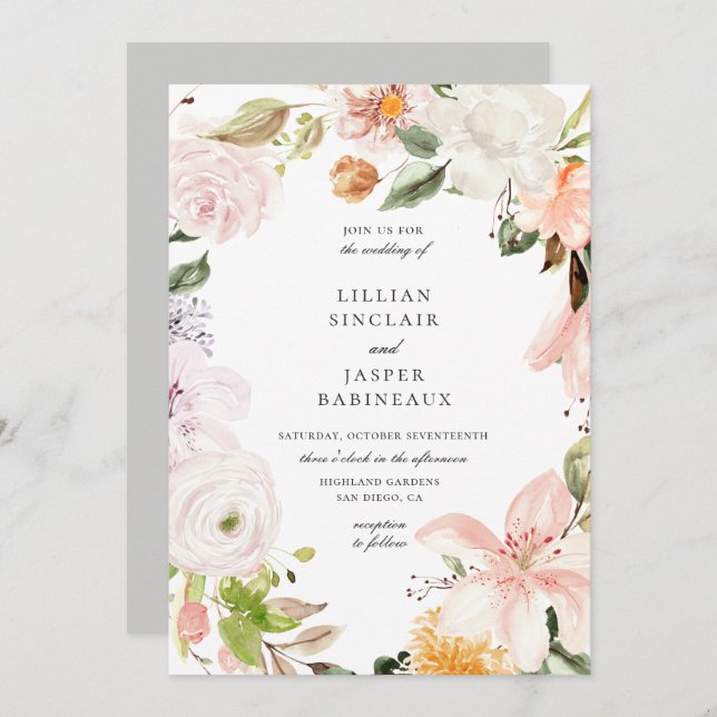 Garden Botanical Floral Oval Frame Wedding Invitation (Front/Back)