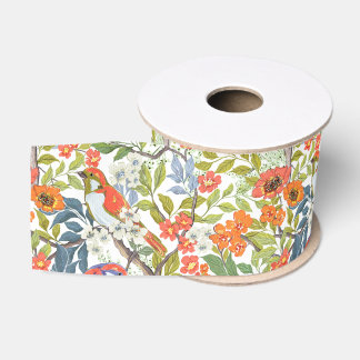 Garden Branches with Flowers Leaves and Birds Grosgrain Ribbon