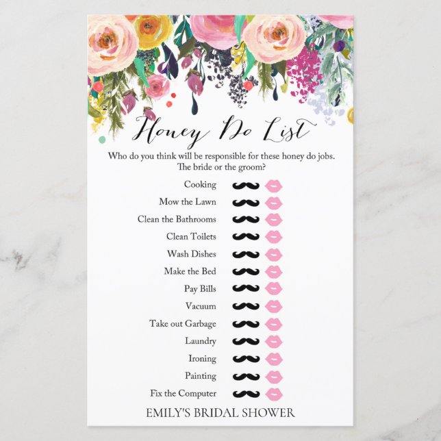 Garden Bridal Shower Game Honey Do List (Front)