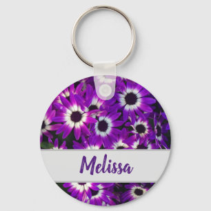 Garden Bright Purple Flowers Add Name Floral Keychain
