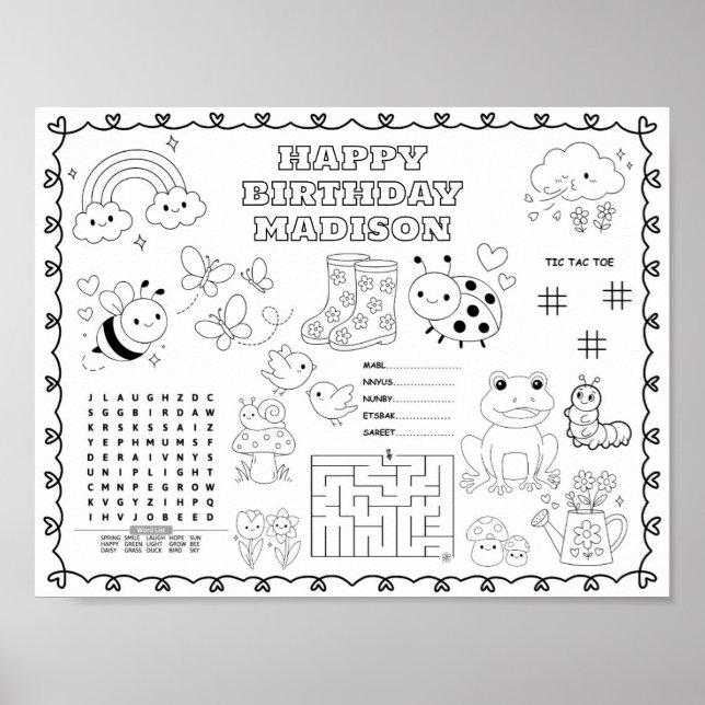 Garden Bugs Birthday colouring mat  Poster (Front)