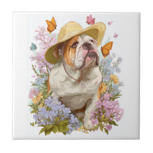 Garden Bulldog � Floral Funny Dog Tile