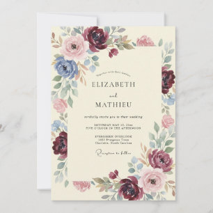 Garden Burgundy Blue Rose Wedding Invitation