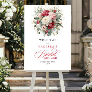 Garden Burgundy Floral Gold Bridal Shower Welcome Poster