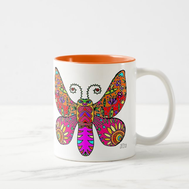 Garden Butterfly  Orange Pink Yellow Two-Tone Coffee Mug (Right)