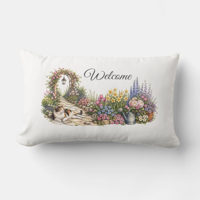 Garden Cat Welcome Lumbar Pillow (Front)