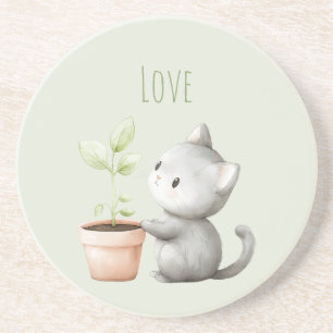 Garden Cat with Plant love Coaster