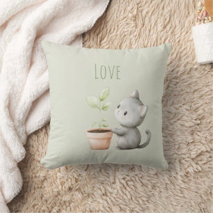 Garden Cat with Plant Love Throw Pillow
