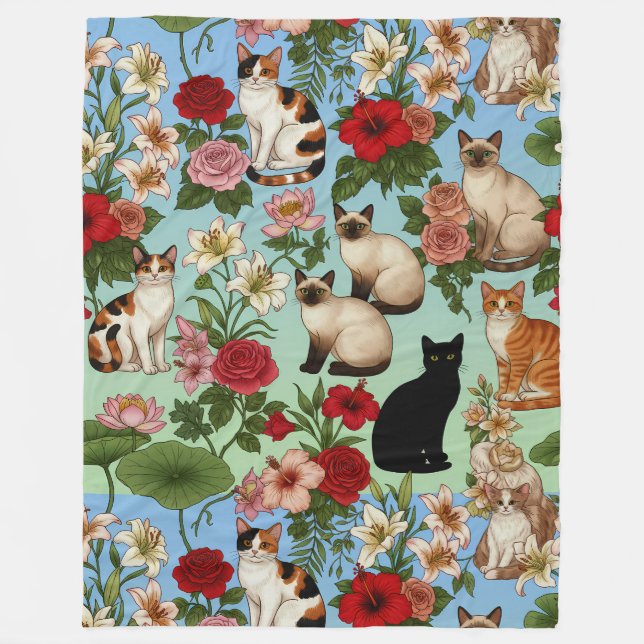 Garden Companions – Floral Cats in Bloom Fleece Blanket (Front)