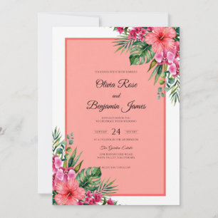 Garden Coral Tropical Hibiscus Eucalyptus Wedding Invitation
