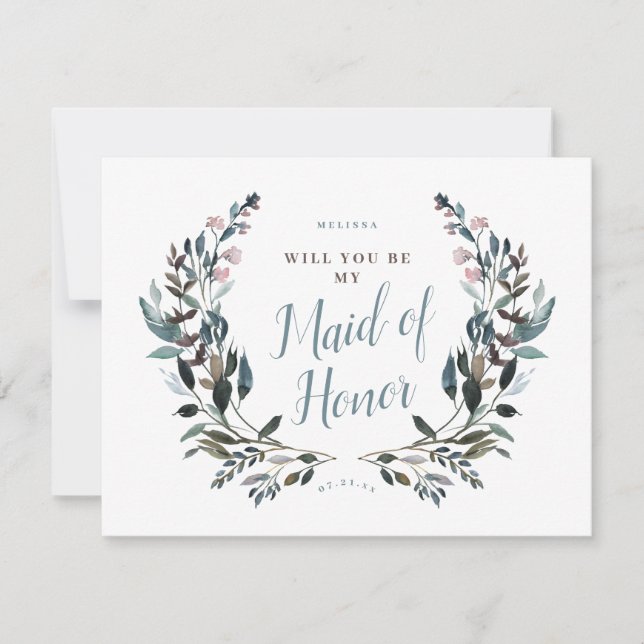 Garden Crest Blue Floral Bridesmaid Maid of Honour Invitation (Front)