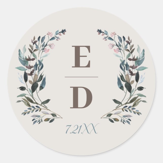 Garden Crest | Eggshell | Wedding Monogram Date Classic Round Sticker (Front)