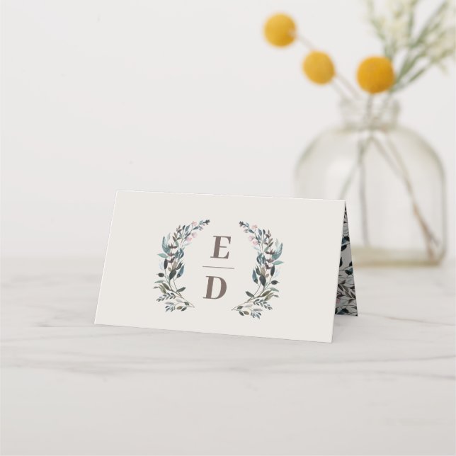 Garden Crest | Eggshell | Wedding Monogram Table Place Card (Front)