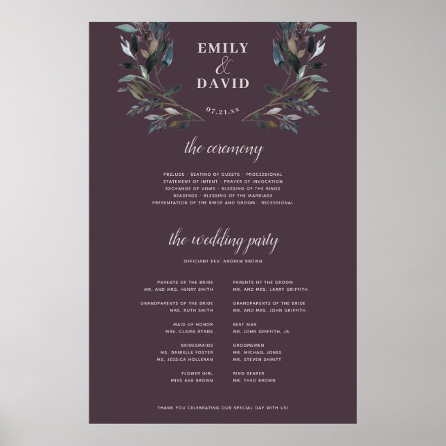 Garden Crest | Mauve Purple Ceremony Program Sign (Front)