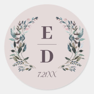 Garden Crest   Mauve Purple Wedding Monogram Date Classic Round Sticker