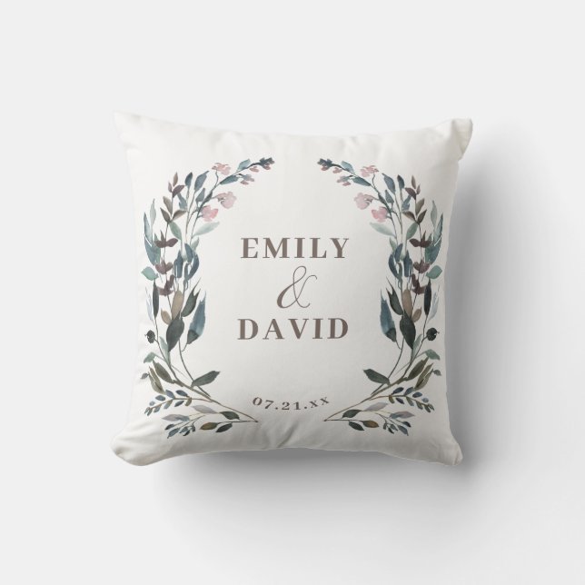Garden Crest | White Blue Floral Wedding Names Outdoor Pillow (Front)
