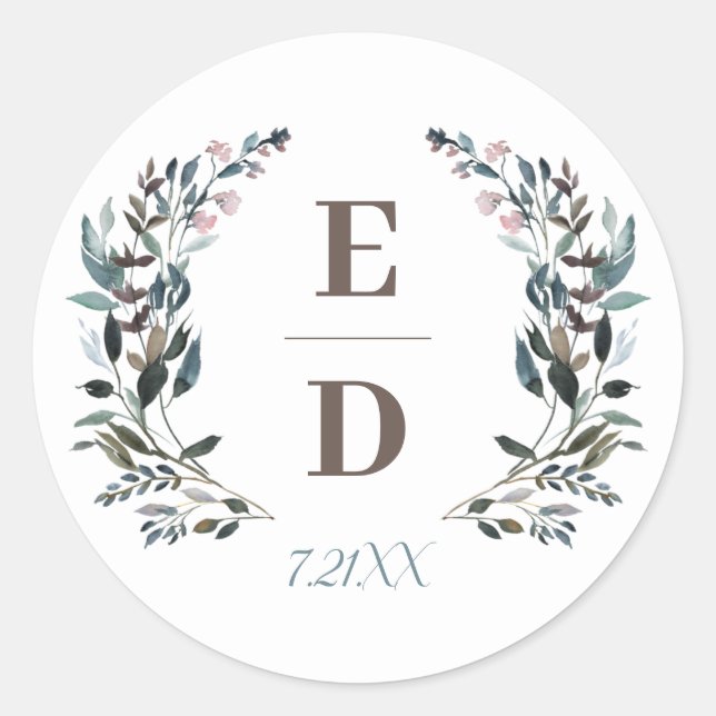 Garden Crest | White Blue Wedding Monogram Date Classic Round Sticker (Front)