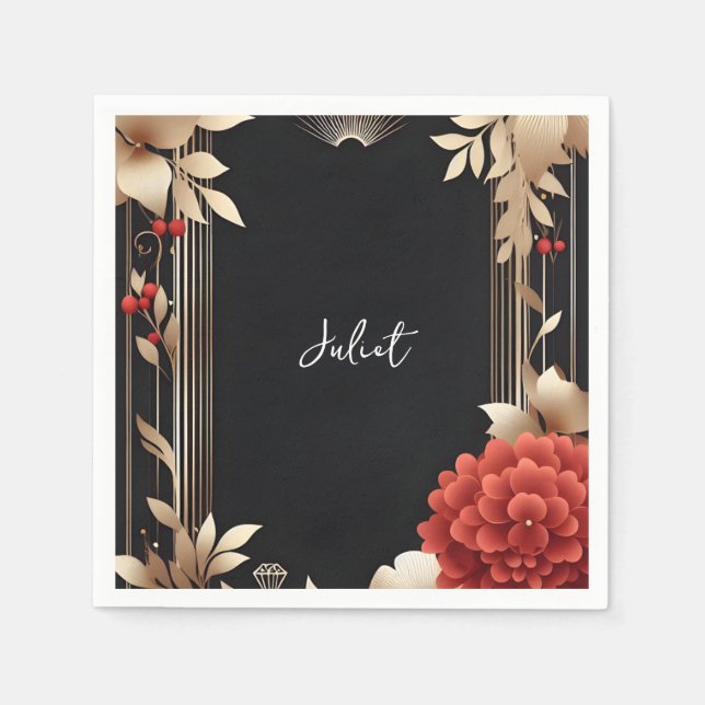 Garden Diamond Red Black And Gold Bridal Shower Napkin (Front)