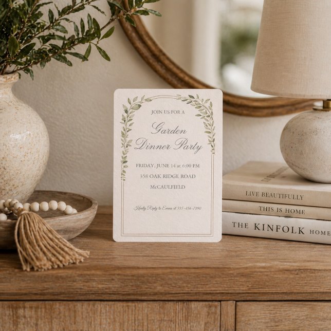 Garden Dinner Soirée Invitation (Garden dinner soirée under soft greenery arch for an intimate outdoor evening gathering)