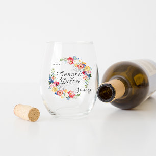 Garden Disco Bachelorette Party Monogram Stemless Wine Glass