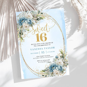 Garden Dusty Blue Floral Sweet 16th Birthday   Invitation