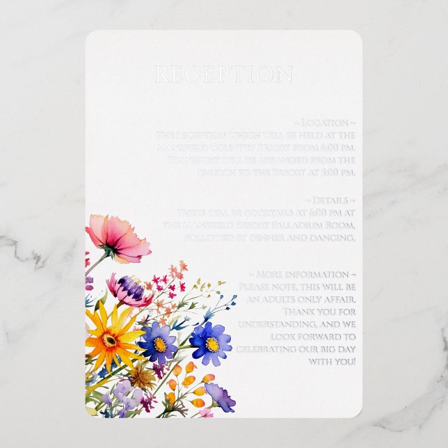 Garden Elegance Silver Text Wildflowers Reception (Front)