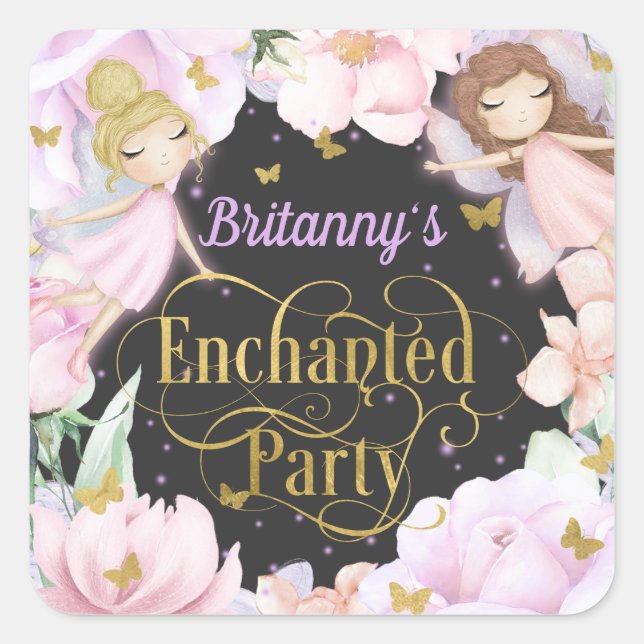 Garden fairy, enchanted party birthday square stic sticker (Front)
