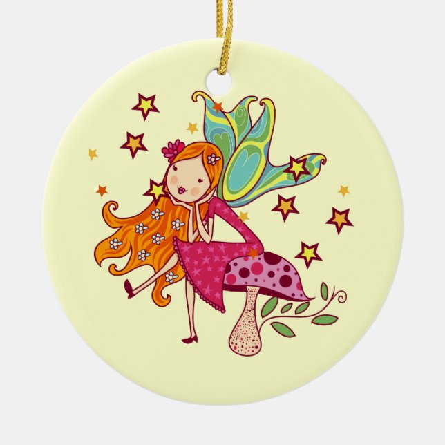 Garden Fairy on Mushroom Ceramic Ornament (Front)