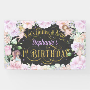 Garden fairy, pink purple flowers, 1st birthday banner