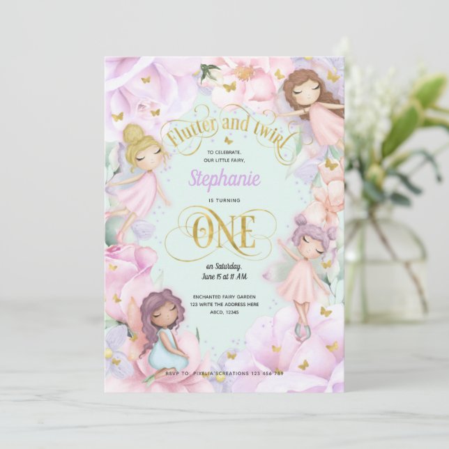 Garden Fairy themed, Girl 1st birthday Invitation (Standing Front)
