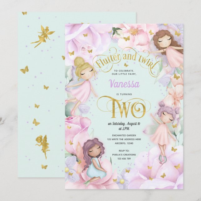 Garden Fairy themed, Girl 2nd birthday Invitation (Front/Back)