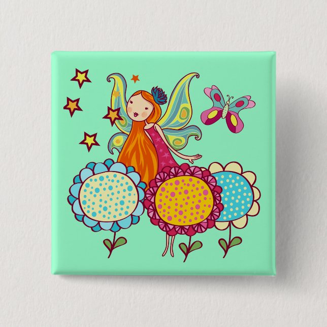 Garden Fairy With Flowers 2 Inch Square Button (Front)