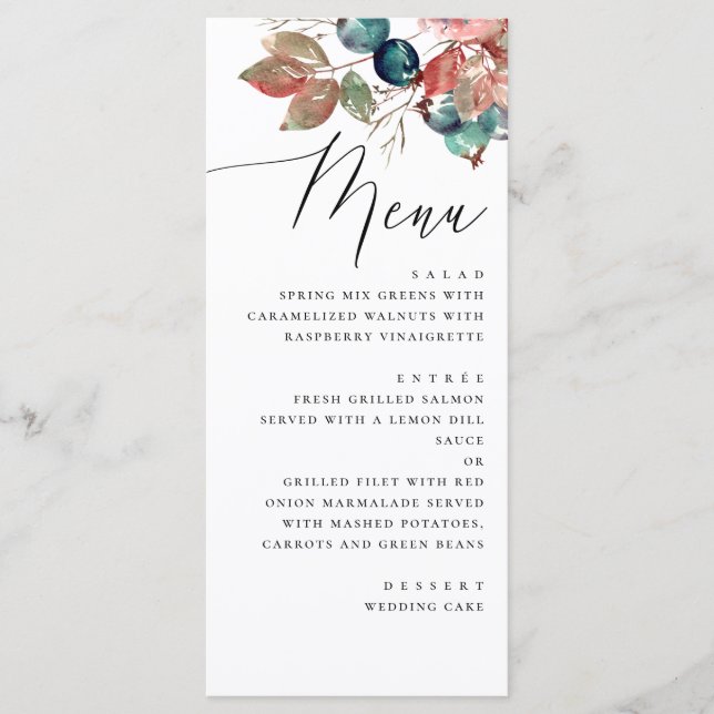Garden Fall Wedding | Watercolor Berry Leaves Menu (Front)