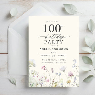 Garden Floral Calligraphy 100th Birthday Invitation