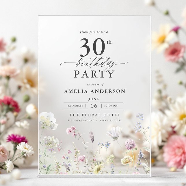 Garden Floral Calligraphy 30th Birthday Acrylic Invitations (Creator Uploaded)