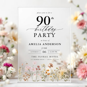 Garden Floral Calligraphy 90th Birthday Acrylic Invitations