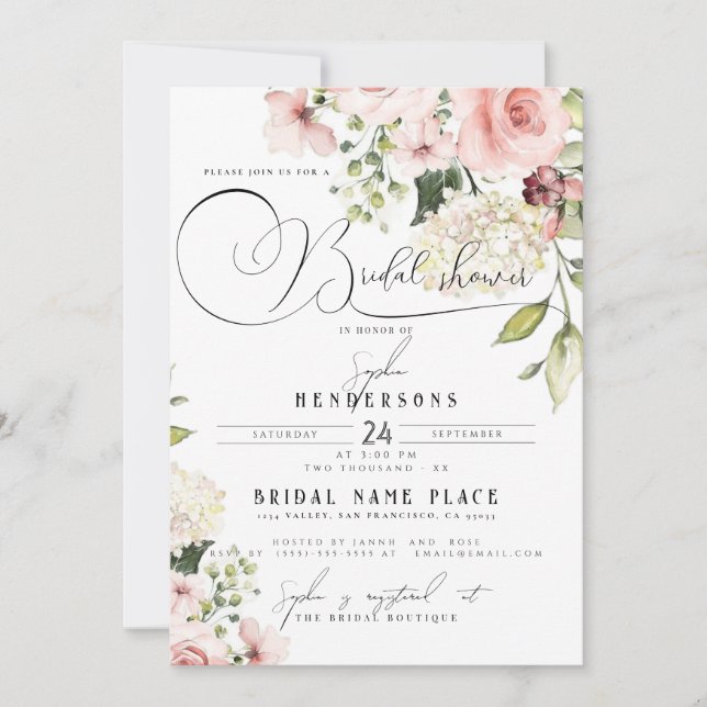 Garden Floral Dusty Rose Greenery Bridal Shower Invitation (Front)