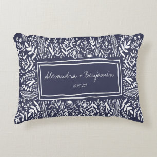Garden Floral in Blue Border Personalized Wedding  Accent Pillow