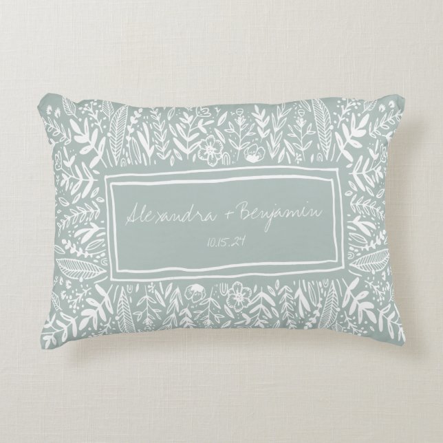 Garden Floral in Teal Border Personalized Wedding Accent Pillow (Front)
