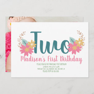 Garden Floral Pink Party Turning Two Birthday Invitation