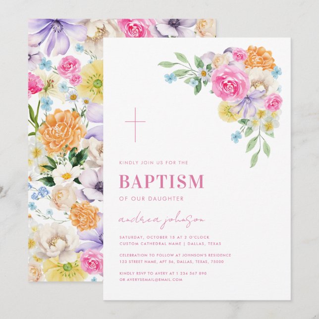 Garden Floral Spring Summer Christening Baptism Invitation (Front/Back)