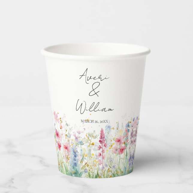 Garden Flower Watercolour Modern Boho Wedding Paper Cups (Front)