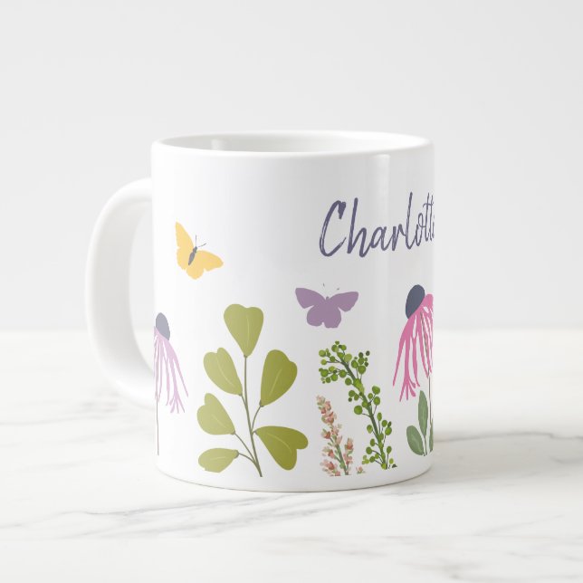 Garden Flowers and Butterflies Custom Name  Large Coffee Mug (Front Left)